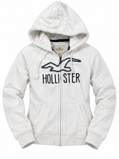 Hollister White Embroidered Full-Zip Hoodie - Thriftly
