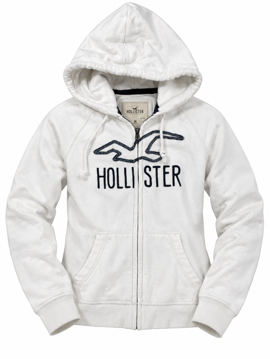 Hollister White Embroidered Full-Zip Hoodie - Thriftly