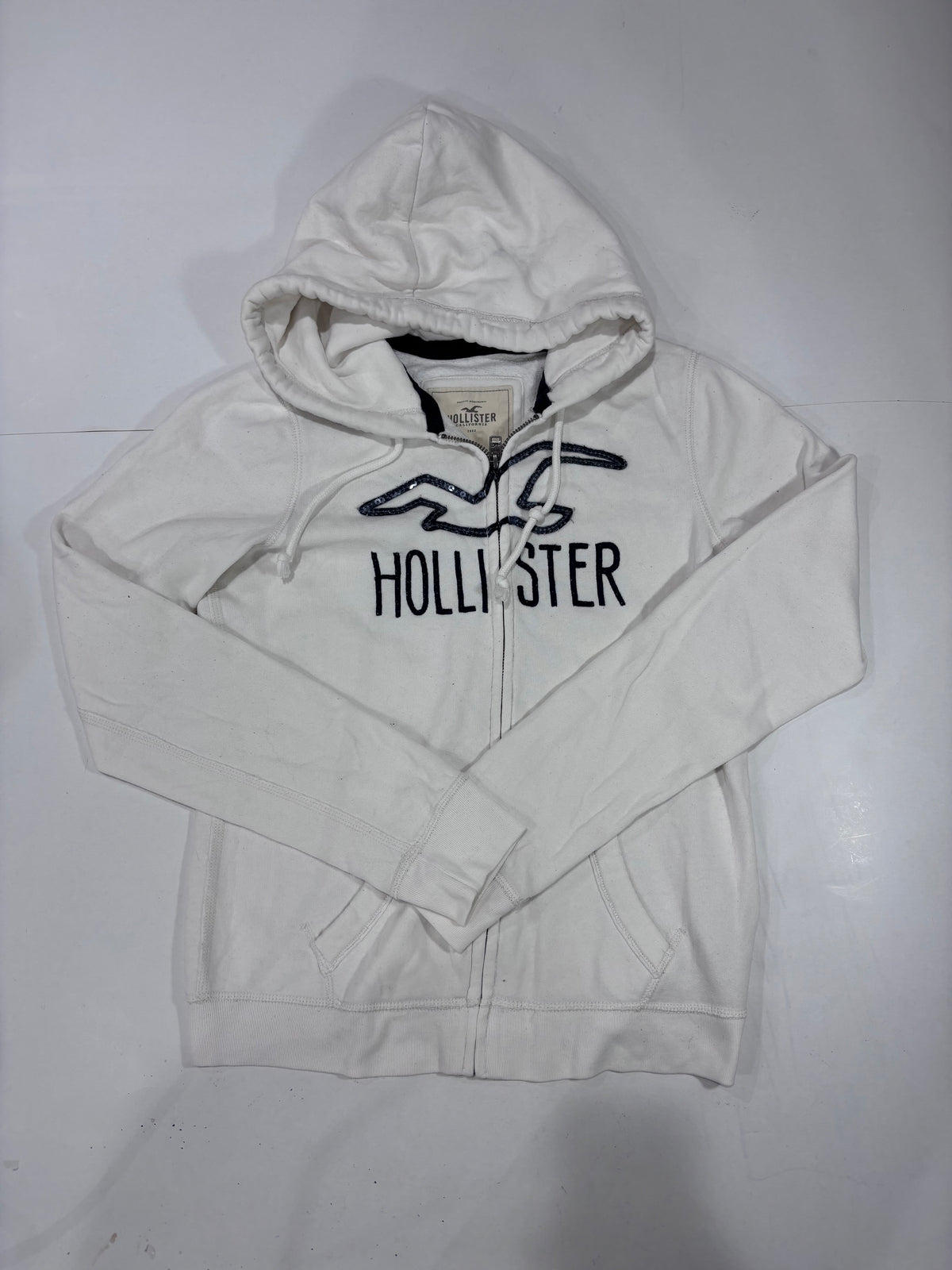 Hollister White Embroidered Full-Zip Hoodie - Thriftly