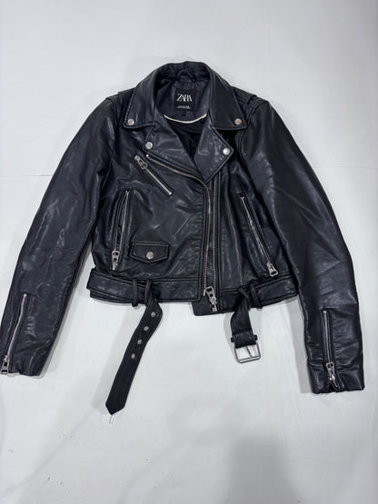 Zara Black Belted Biker Jacket - Thriftly