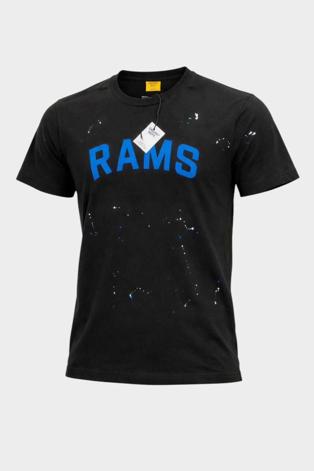 THRIFTLY GALLERY DEPT. black cotton crewneck t-shirt with blue Rams graphic and white paint splatter detailing