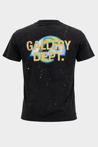 THRIFTLY black Gallery Dept. X L.A. Rams cotton t-shirt with gold glitter logo and blue paint splatter back view
